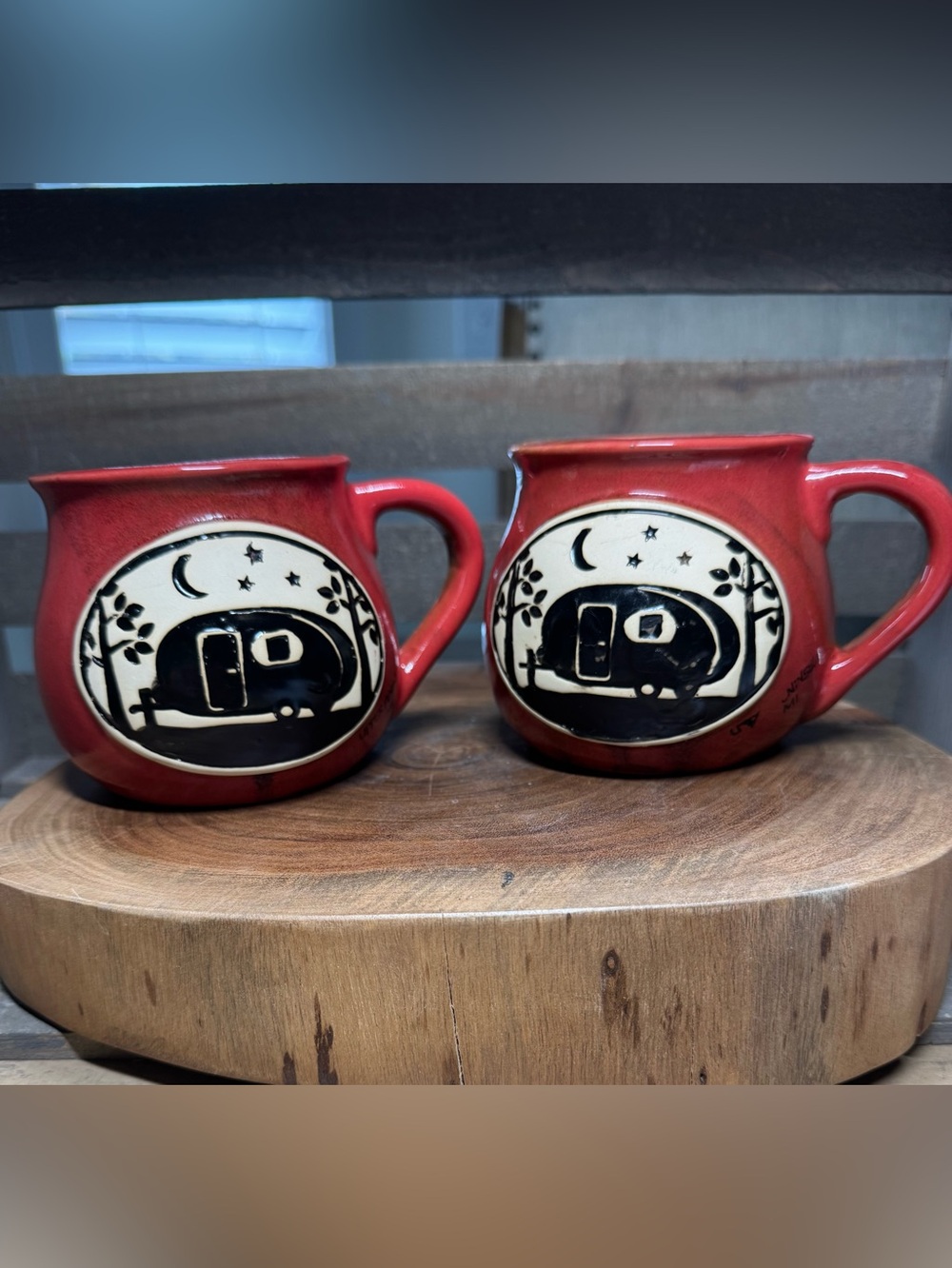 Bean Pot Rustic Look Mug Coffee Cup with Camper Logo, set of 2, Rusty Red. 14oz.